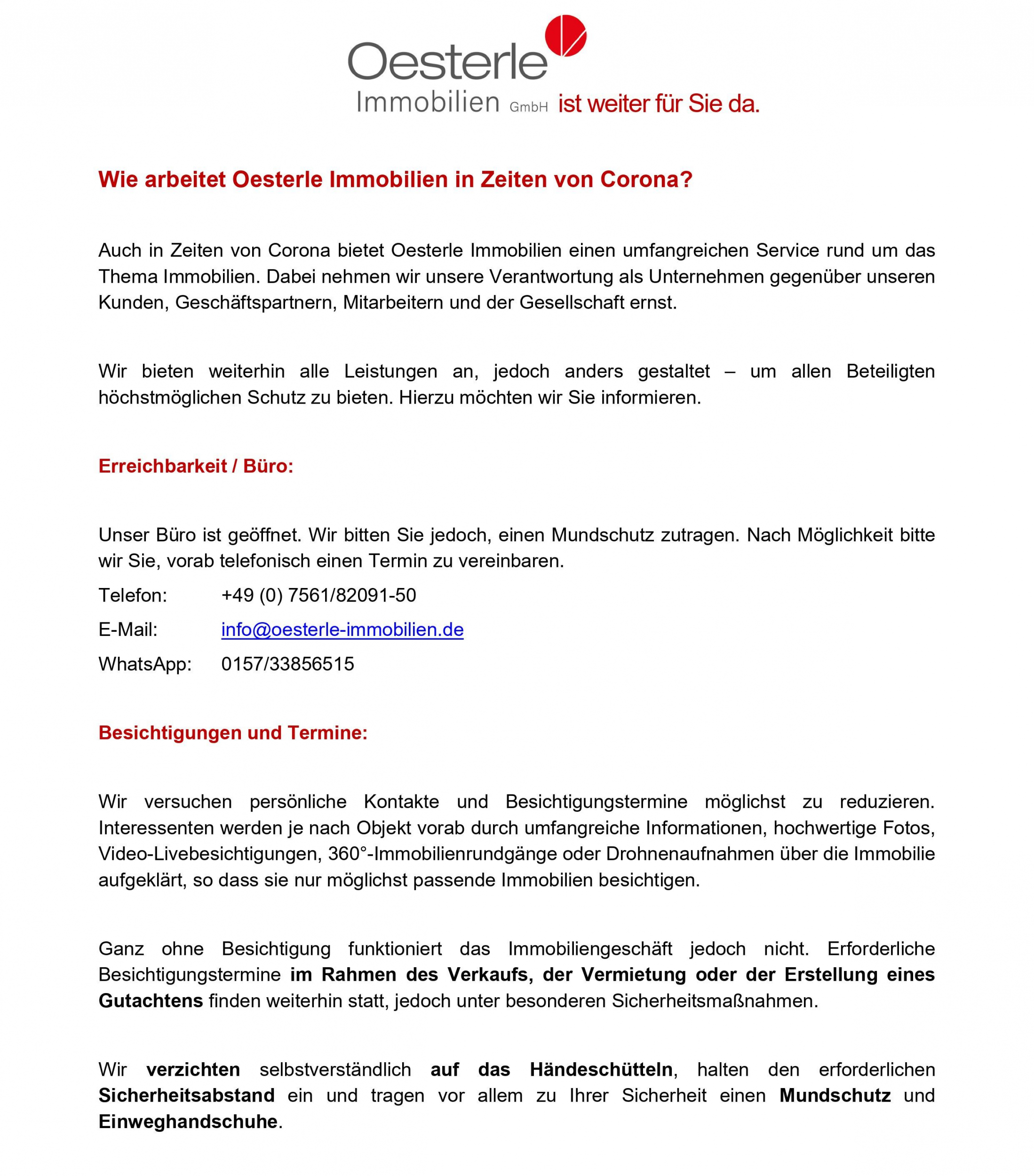 Kundeninformation Zum Coronavirus Oesterle Gmbh Immobilien
